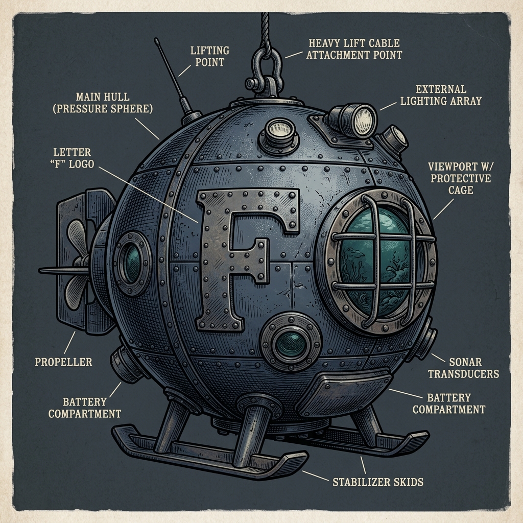 Vintage deep-sea bathysphere exploration submersible with bolted letter F and porthole